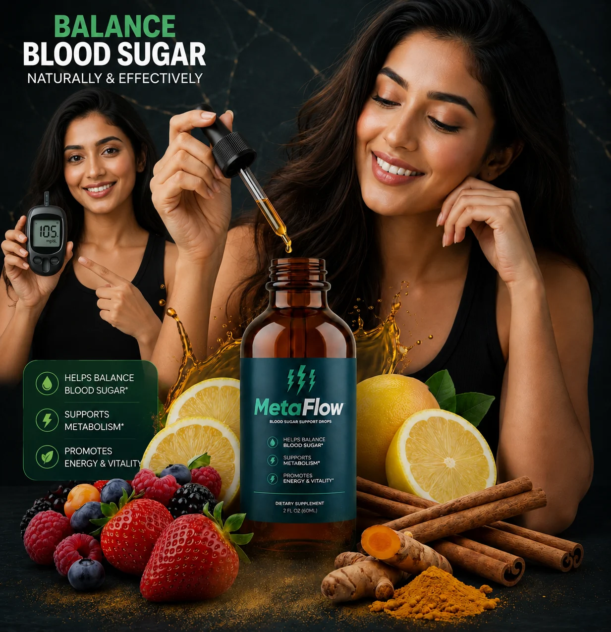 MetaFlow Blood Sugar Support Liquid Drops Bottle